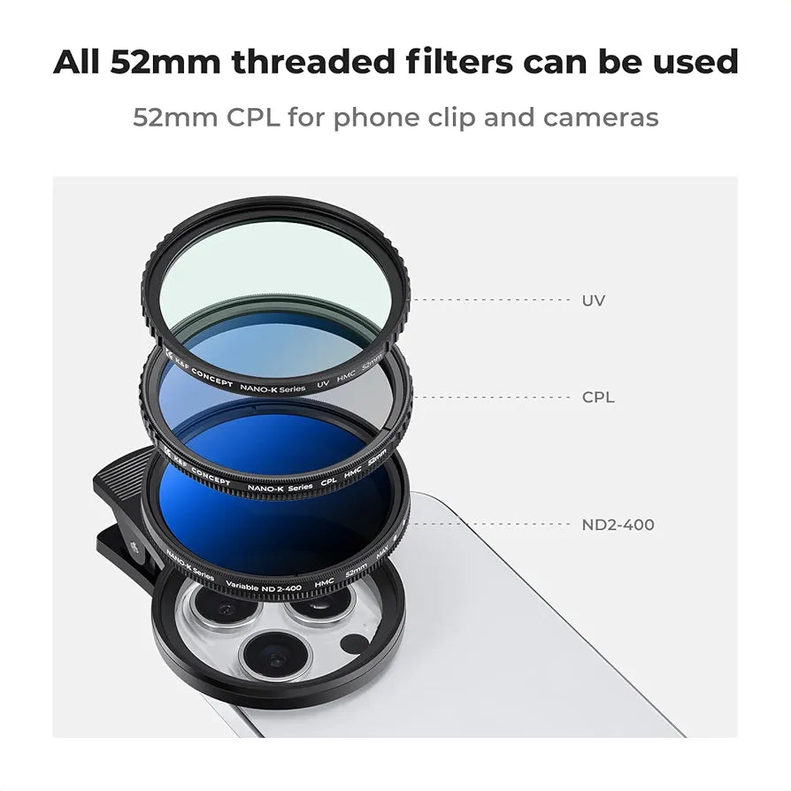 52mm CPL Filter Kit: Anti-reflection Portable Smartphones Lens Accessory (Circular Polarizer)